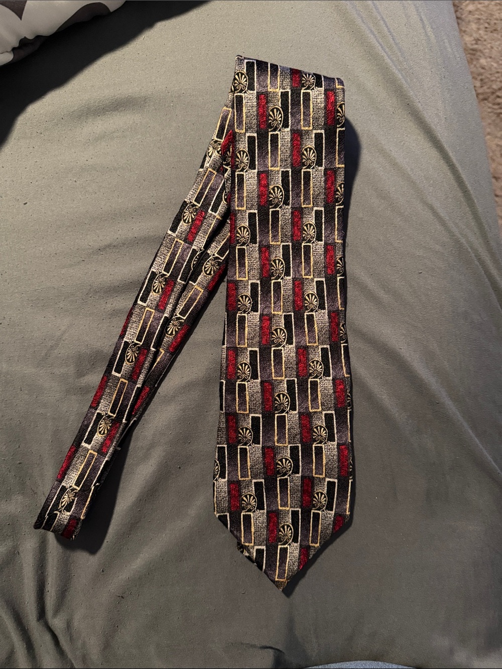Stafford Black Tie with Red and Gold Geometric Pattern